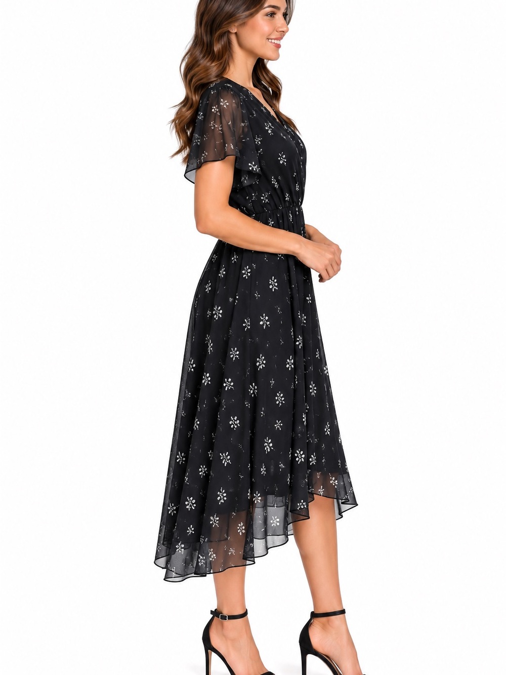 Black Floral High-Low Midi Dress with V-Neck - Picture 4 of 5